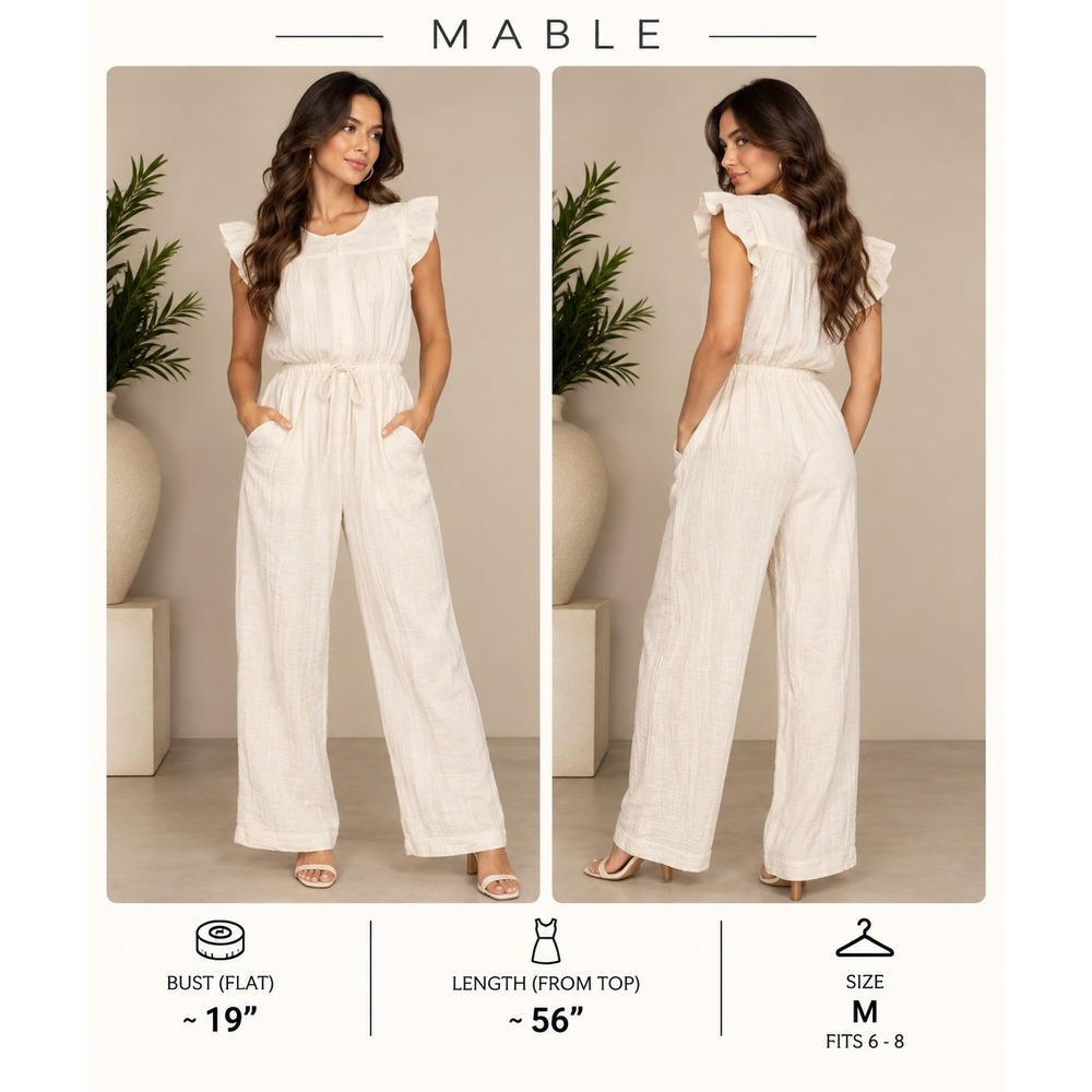 Mable Cream Gauze Flutter Sleeve Jumpsuit Medium Boho Button Front Pockets